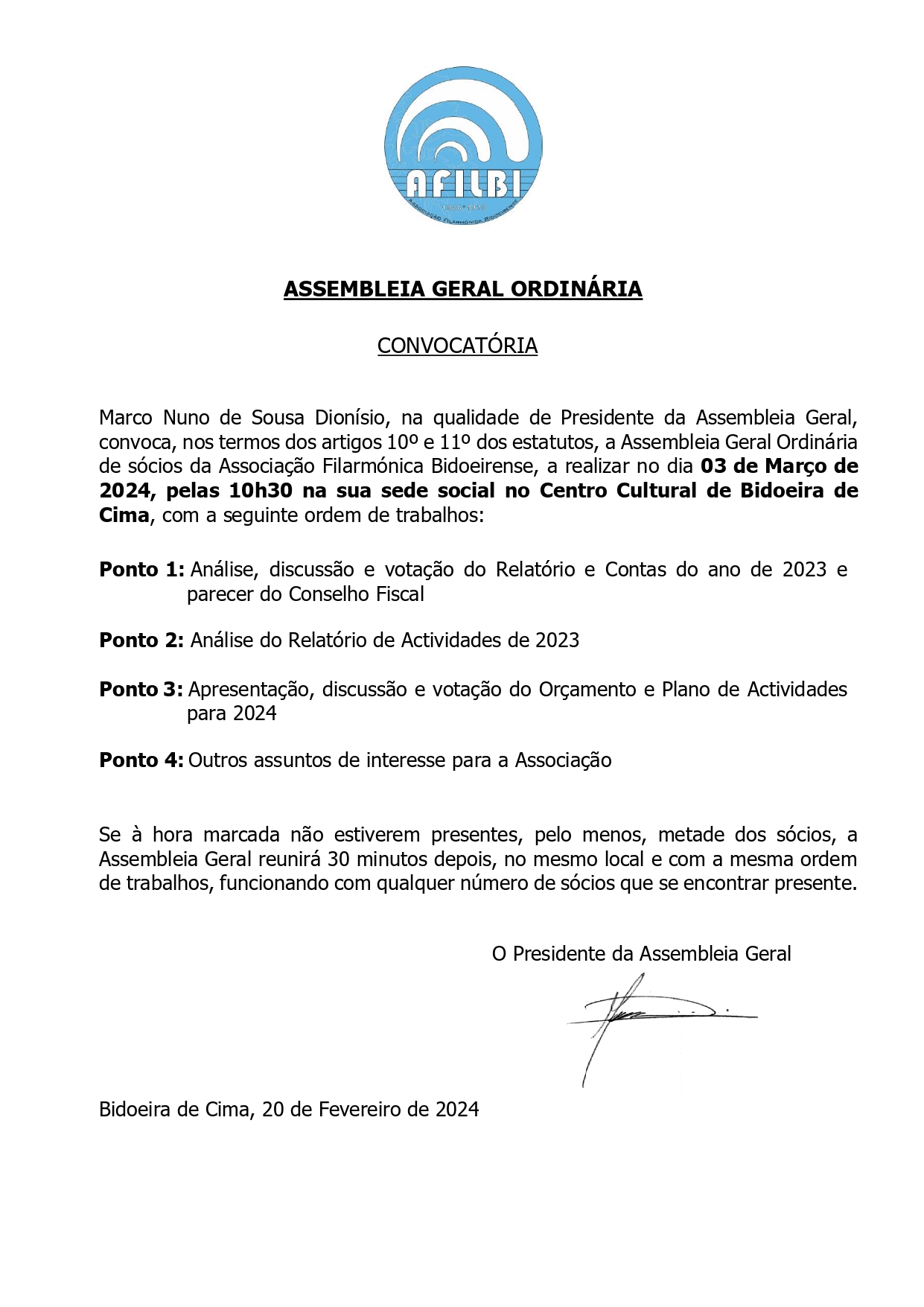 Imagem AFILBI - Convocatória para Assembleia Geral