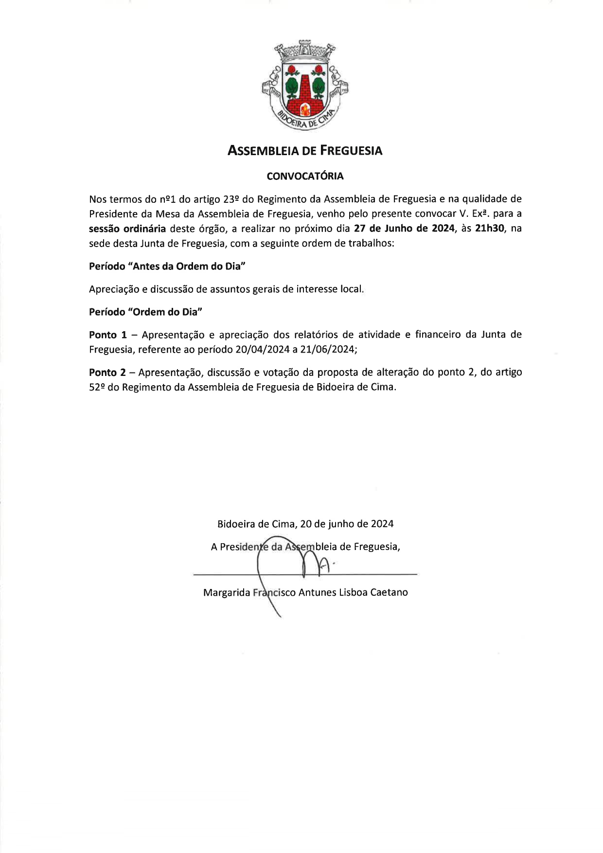 Imagem Assembleia de Freguesia - 27 de junho - 21h30