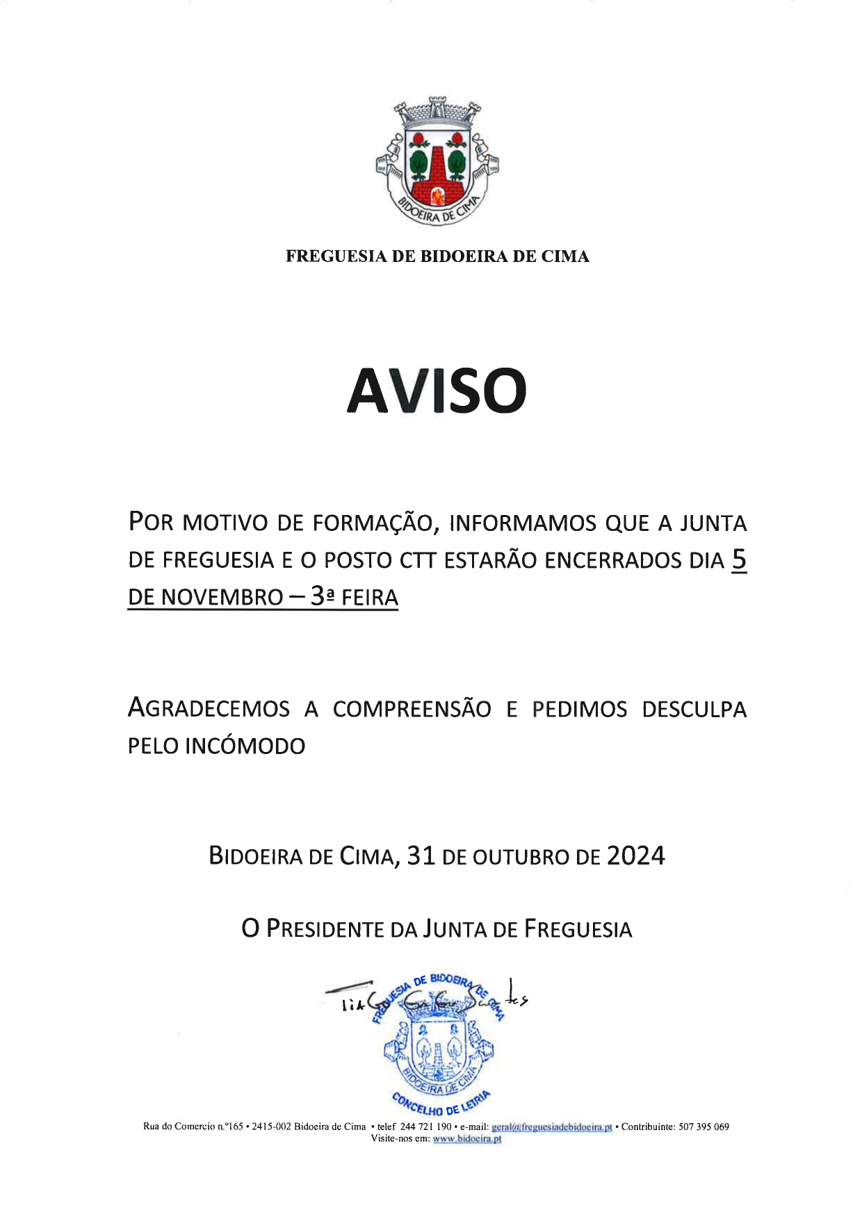 Imagem Encerramento da Junta de Freguesia e posto CTT - 5 novembro