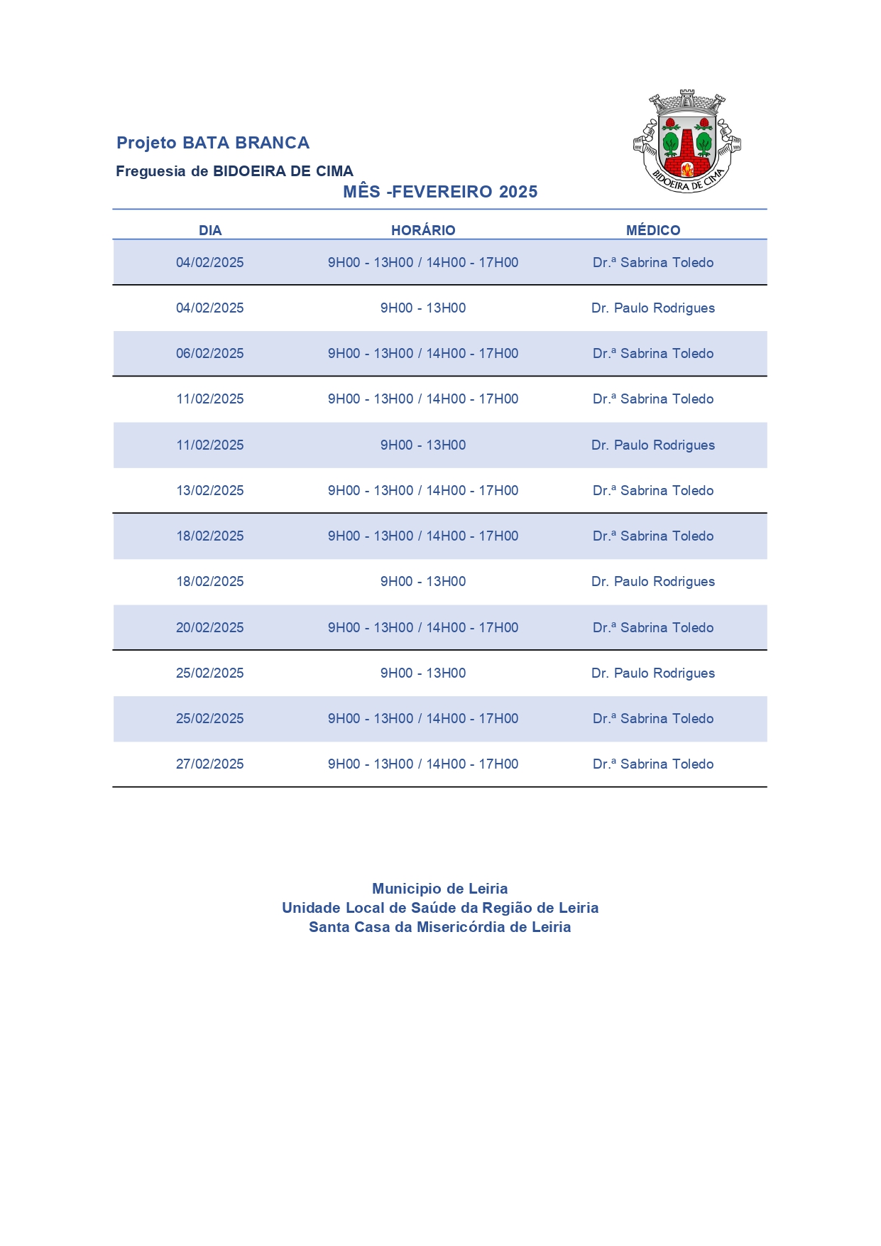 Imagem Projeto BATA BRANCA - escala fevereiro