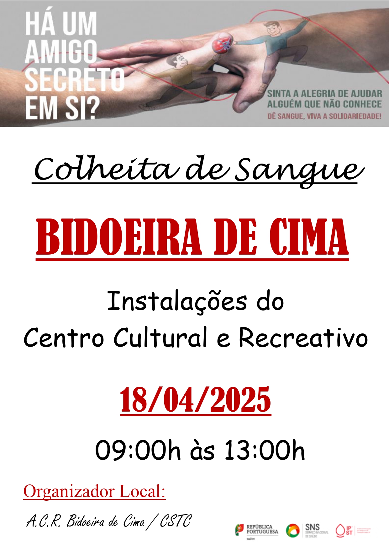 Imagem Colheita de sangue - 18 abril - 9h00 às 13h00 - Centro Cultural Bidoeira de Cima