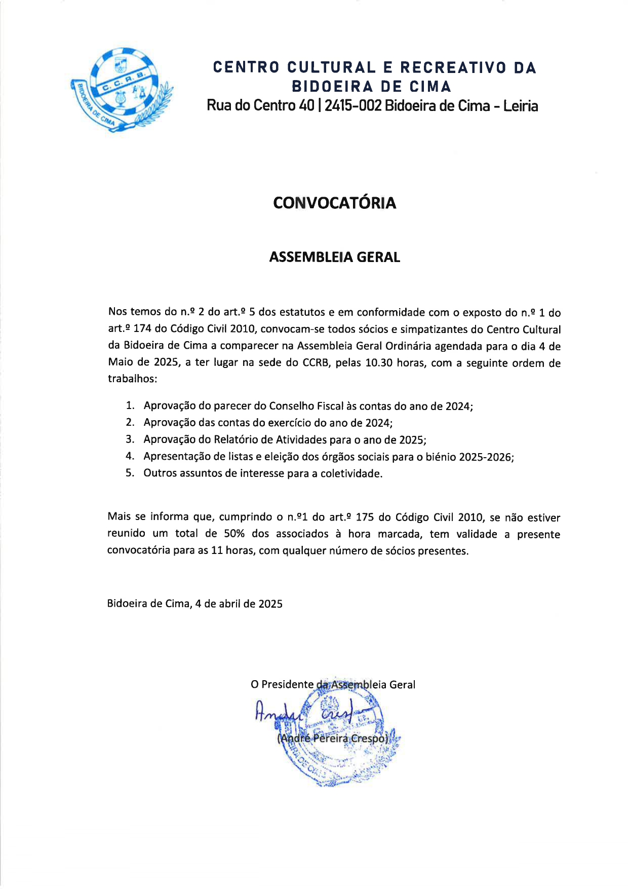 Imagem Assembleia Geral - 4 maio - Centro Cultural Bidoeira de Cima