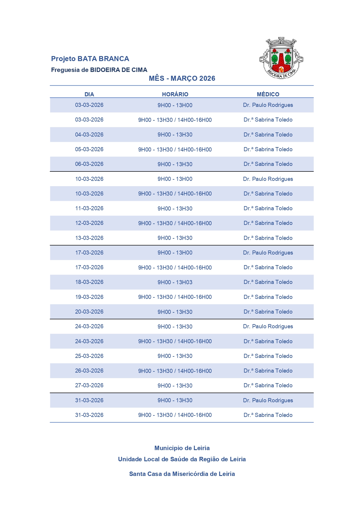 Notícia Escala BATA BRANCA - março 2026