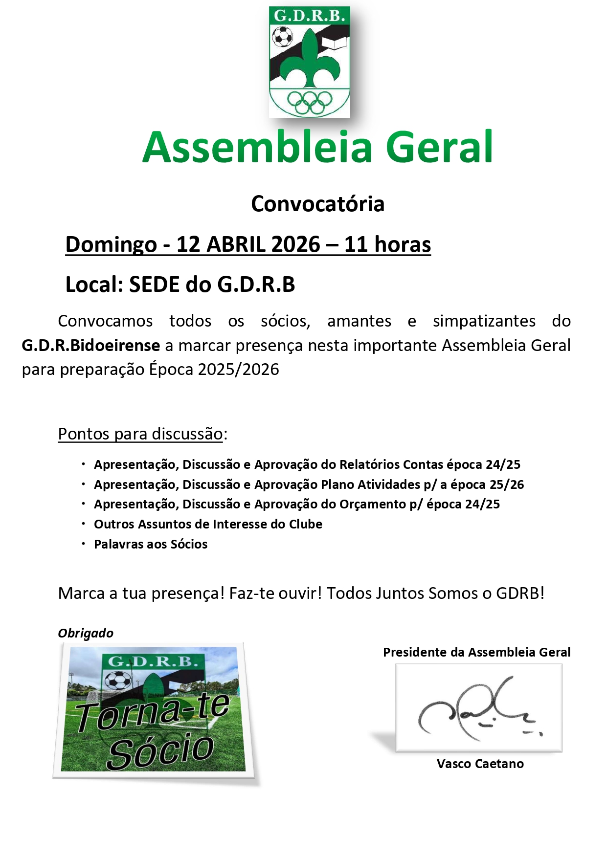 Imagem GDRB - Assembleia Geral - 12 abril - 11h00 sede do clube
