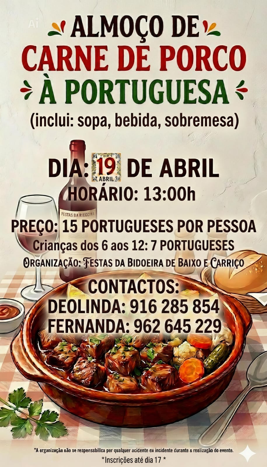 Notícia Almoço - Carne à Portuguesa - 19 abril - Comissão de festas de Bidoeira de Baixo e Carriço