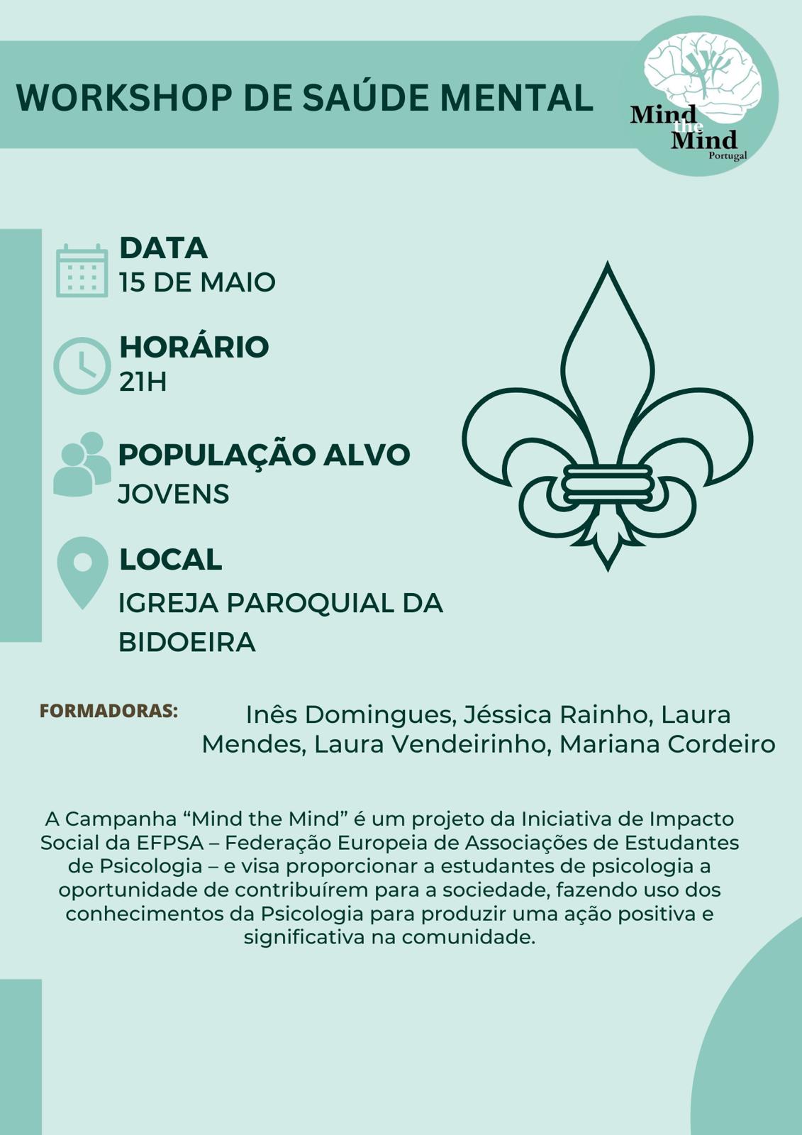 Notícia Workshop saude mental - 15 maio - 21H - Auditório Igreja Paroquial Bidoeira - Agrup. Escuteiros 1209