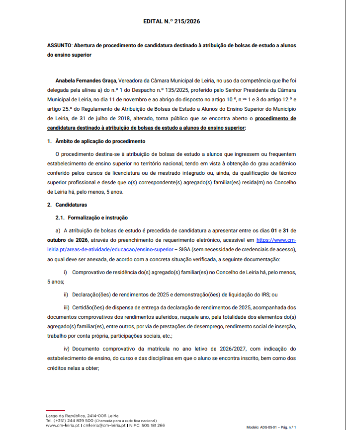Notícia Bolsa de Estudo 2026/2027 CML