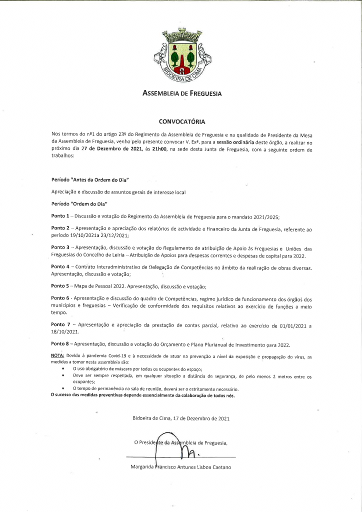 Imagem Convocatória - Assembleia de Freguesia - 27-12-2021